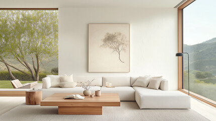 Peaceful minimalist living room designed for comfort and tranquility, low-profile sofa adorned with soft, inviting cushions, stylish coffee table featuring clean lines and a natural wood finish,