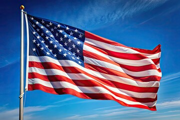 Fototapeta premium Vibrant American flag waving in the wind, folds and creases visible, against a clear blue sky with a subtle gradient effect, perfect for patriotic backgrounds.
