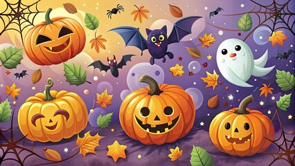 Vibrant and playful clip art elements, including bats, pumpkins, spiders, and ghosts, combine to create a festive and spooky Halloween-themed digital illustration.
