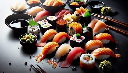 Eine Augenweide: eine Gourmet-Sushi-Auswahl vor dunklem Hintergrund.