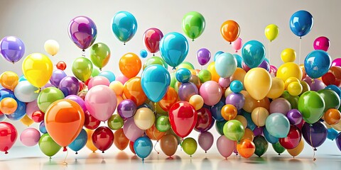 Vibrant assortment of colorful balloons in various shapes and sizes floating against a soft, creamy white background, creating a playful and whimsical atmosphere.
