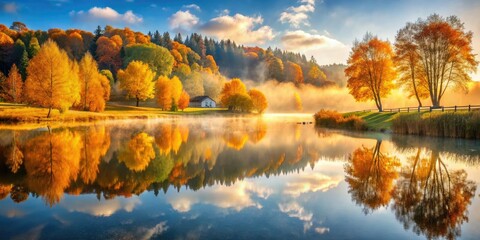 Obraz premium Vibrant autumn foliage surrounds serene lake reflections, capturing warm sunlight and misty atmosphere in a peaceful rural landscape scene perfect for seasonal promotions.