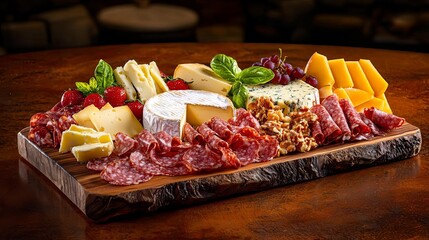 A delicious charcuterie board featuring various meats and cheeses.