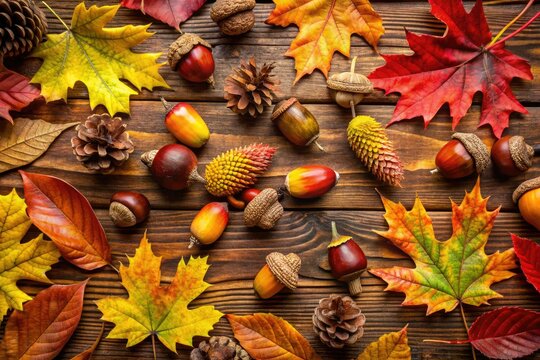 Vibrant autumn leaves, acorns, and twigs swirl together in a colorful, whimsical design, evoking warmth and coziness on a crisp fall day. - Powered by Adobe