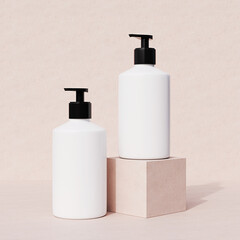 Minimalist White Cosmetic Bottles on Pink Block