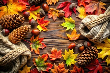 Obraz premium Vibrant autumn leaves, twigs, and acorns swirl together in a whimsical design, evoking the cozy warmth and nostalgia of the fall season.