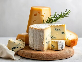 Assorted cheeses with herbs on a wooden board, white background.