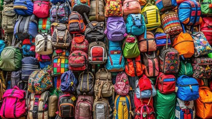 Vibrant backpacks of various shapes, sizes, and colors stacked haphazardly, overflowing with straps, zippers, and pockets, creating a playful, chaotic, and whimsical visual arrangement.