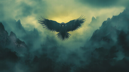 A vast, ethereal landscape dominated by misty mountains and a cloudy sky. At the center, a majestic bird, possibly a raven or crow, is captured in mid-flight, its wings spread wide.