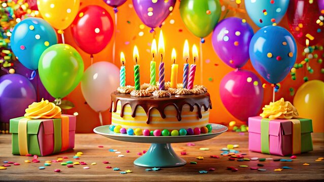 Vibrant balloons and colorful streamers surround a decadent birthday cake with lit candles, creating a joyful and festive atmosphere for a special celebration.