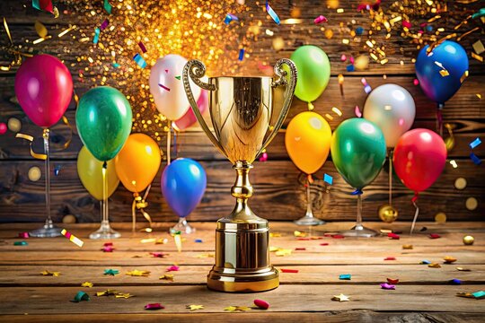 Vibrant balloons, colorful confetti, and a sparkling champagne bottle surround a gleaming golden trophy on a polished wooden table, conveying triumph and celebratory joy.