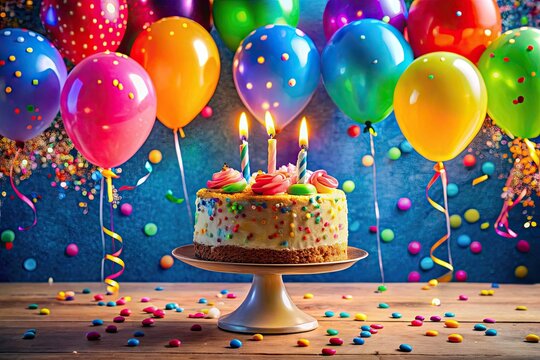 Vibrant balloons, colorful confetti, and sparkling candles adorn a decadent cake, celebrating a significant milestone and marking the beginning of adulthood with joy and freedom.