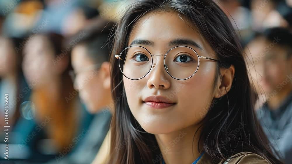 Poster a young woman with glasses attentively listens during a classroom lecture with numerous students aro