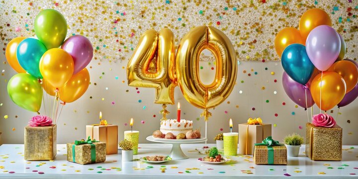 Vibrant balloons, confetti, and a bold, golden "40" decoration adorn a celebratory table setting, capturing the joy and excitement of a milestone birthday bash.