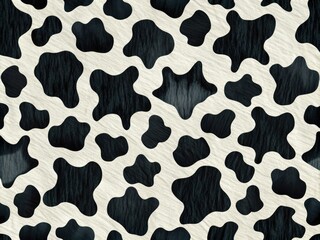 Fototapeta premium Vibrant black and white cowprint pattern on a textured background, featuring bold, irregular shapes and abstract forms, evoking a playful and rustic country feel.