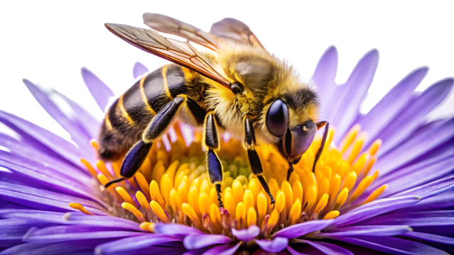 Bee sitting on violet flower blossom isolated on white background as transparent