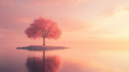 Solitary cherry blossom tree on small island at sunrise, serene landscape. Peace and tranquility concept