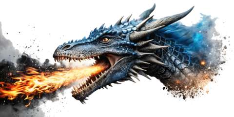 Head of a blue dragon spitting fire isolated on white background as transparent, Png