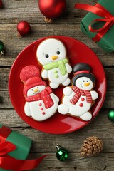 Delicious cookies in shape of snowmen and Christmas decor on wooden table, flat lay