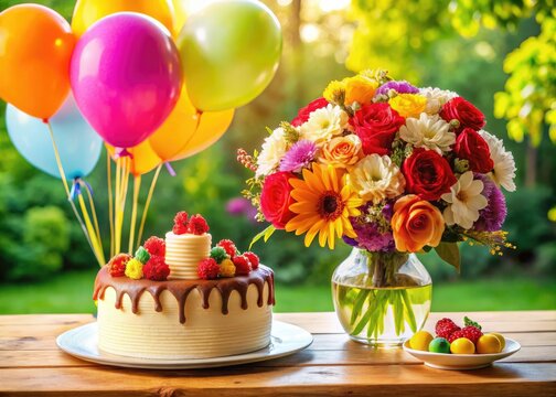 Vibrant bouquet of colorful flowers and balloons surround a beautifully decorated cake on a sunny table, celebrating a special day of love and appreciation.