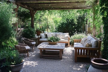 Obraz premium Serene garden retreat featuring rustic furniture, lush greenery, and cozy vintage outdoor seating