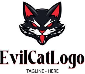 A cartoon-style logo of a stylized cat in vector format. Evil cat head with soft lines and dynamic curves.