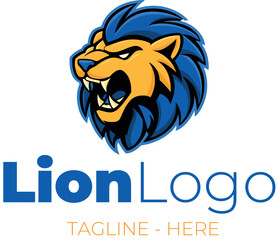 A cartoon-style logo of a stylized lion in vector format. Fierce lion head with soft lines and dynamic curves.