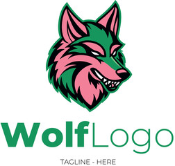 A cartoon-style logo of a stylized wolf in vector format. Big evil wolf head with soft lines and dynamic curves. Adobe Illustrator Artwork.