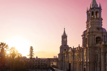 Peru, Arequipa. Basilica Cathedral on central Plaza De Armas in historic center at sunset.