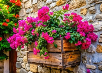 Vibrant buganvillas overflow from a rustic wooden planter, their delicate pink petals and lush green leaves spilling over the worn stone wall of a quaint garden.