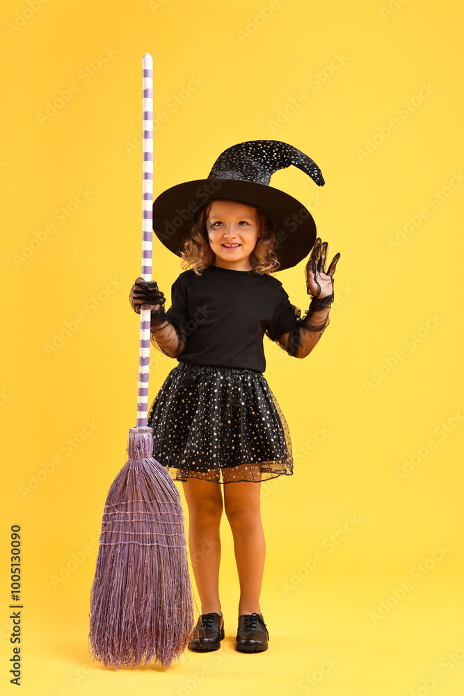 Sticker Cute girl with broom dressed like witch on yellow background. Halloween celebration