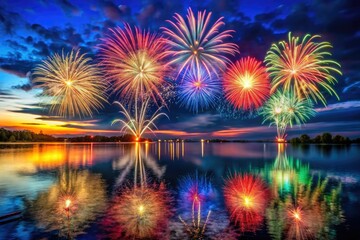 Fototapeta premium Vibrant bursts of colorful fireworks illuminate a dark night sky, reflected in calm waters, creating a stunning patriotic display of independence and celebration.