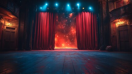 Red velvet curtains on a theater stage, open to reveal the spotlight and empty stage, ready for a performance. Concept of entertainment, performance, and anticipation.