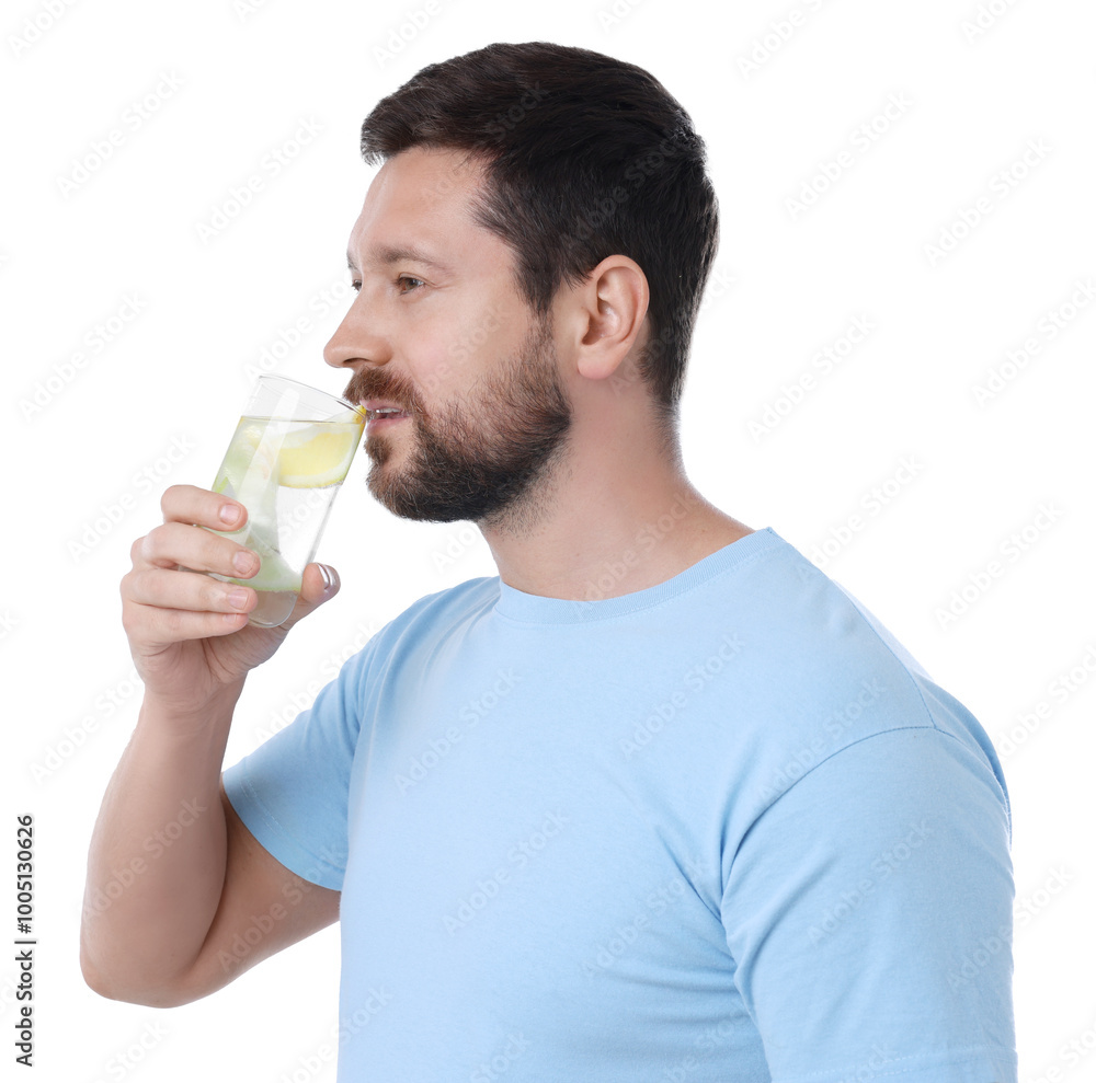 Sticker Handsome man drinking water with lemon on white background