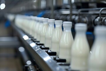 Fototapeta premium Milk bottles on a conveyor belt in a dairy factory.