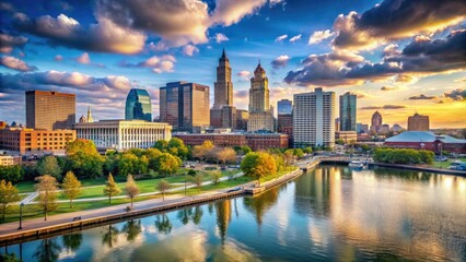 Obraz premium Vibrant cityscape of Cleveland features picturesque lakefront, majestic skyscrapers, and historic landmarks, showcasing the city's rich history, cultural significance, and modern revitalization.