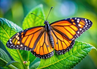 Fototapeta premium Vibrant close-up of a delicate monarch butterfly perched on a soft green leaf, its intricate wings and body showcasing nature's exquisite beauty and detail.