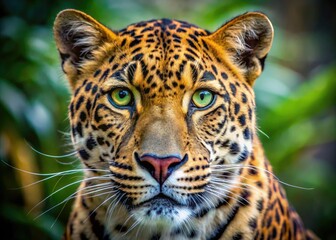 Fototapeta premium Vibrant close-up of a leopard's face, showcasing its distinctive golden fur with dark spots, whiskers, and piercing green eyes against a blurred natural background.