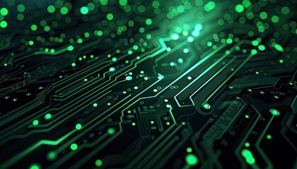 Obraz premium Green circuit board, Electronics, Detailed, Glowing, Technology.