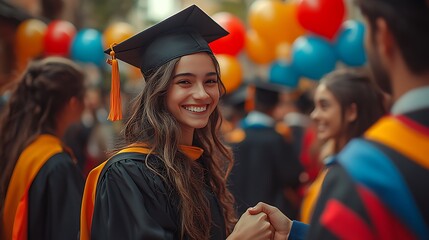A smiling young woman in a graduation cap and gown shakes hands with another graduate.