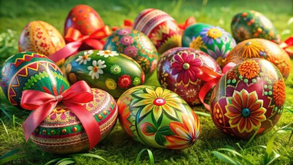 Fototapeta premium Vibrant colored Easter eggs with intricate designs and textures, decorated with flowers, ribbons, and bows, arranged on a soft green grassy background with subtle shadows.