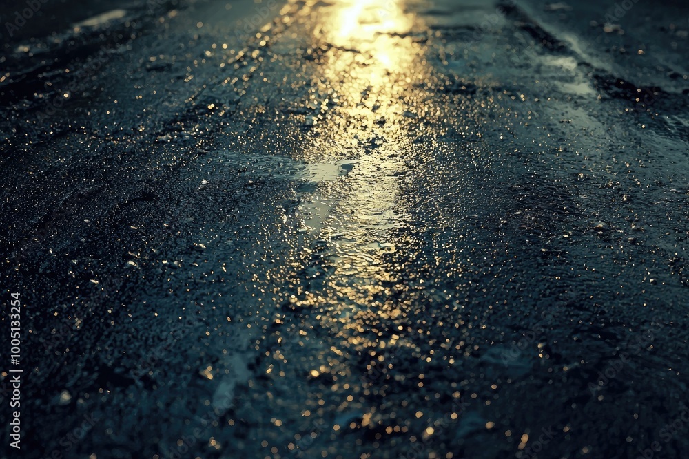 Poster a close-up view of a wet street surface reflecting golden light, creating a beautiful play of colors