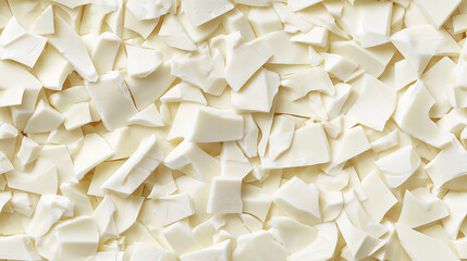 a close-up, top-down view of diced white chocolate spread across the entire frame, filling the image with its creamy white color and smooth texture in irregular pieces