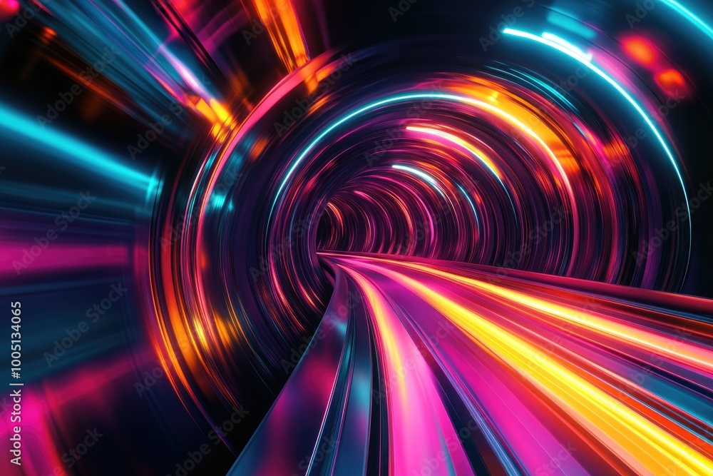 Poster vibrant light tunnel with dynamic colors, creating a sense of speed and motion in a futuristic lands