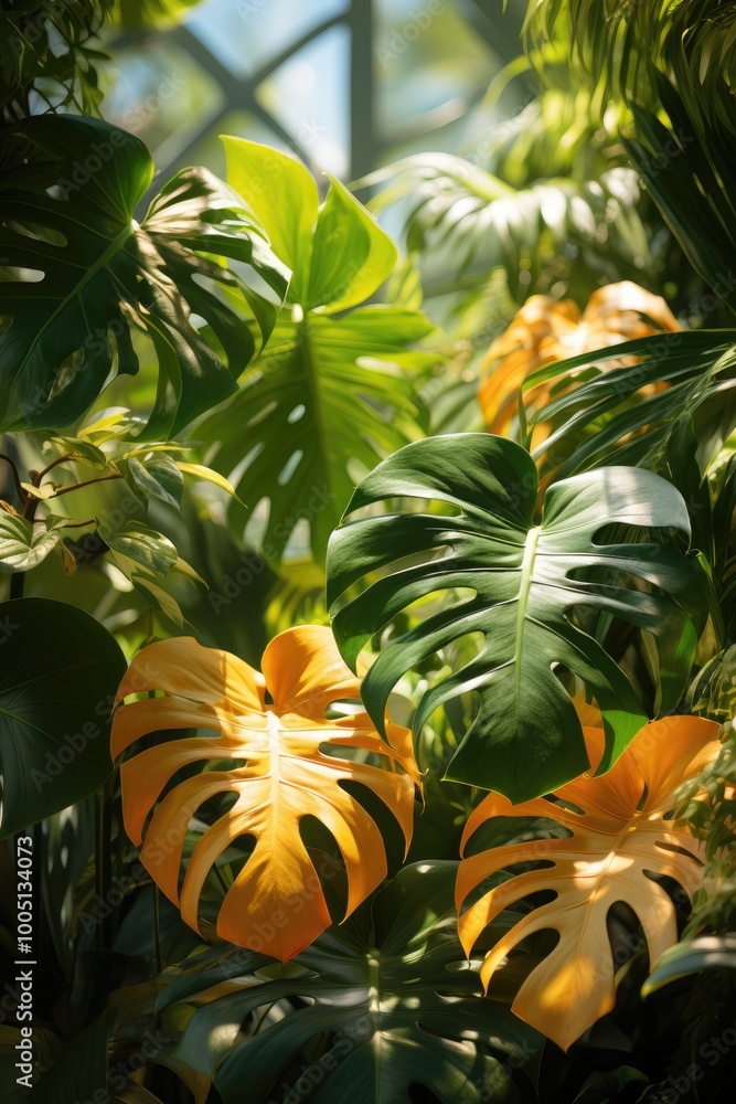 Poster lush, tropical leaves create a vibrant display as sunlight pours through, highlighting the intricate