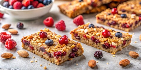 Fototapeta premium Homemade oat bars with berries and nuts on a light background , energy, protein, healthy, bars, vegan, dessert, snack