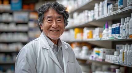 Obraz premium A pharmacist stands in a bright pharmacy filled with various medicines. He smiles warmly, ready to help customers with their prescriptions and health needs throughout the busy day
