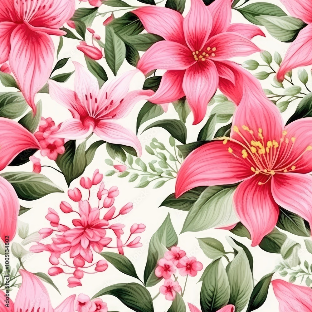 Poster a vibrant array of pink flowers in various types and sizes, surrounded by lush green leaves, creatin