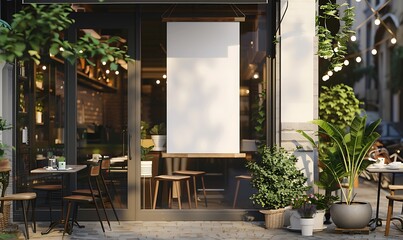 Fototapeta premium Outdoor cafe interior with blank poster. Mock up