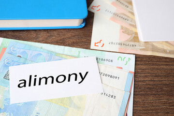 Alimony. Euro banknotes, blank card and notebook on wooden table, closeup